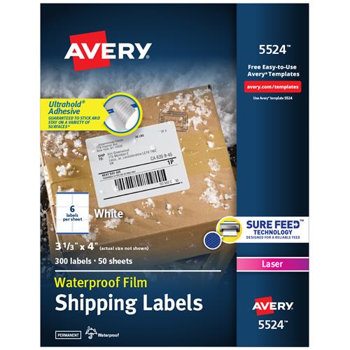Avery Waterproof Laser Shipping Labels, 3-1/3" x 4", White, 300/Pack