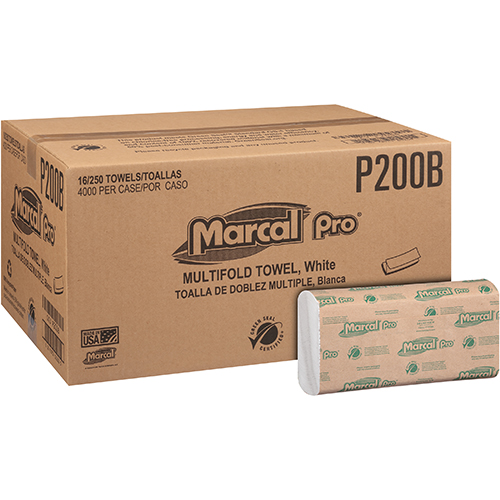Marcal PRO 100% Recycled Multi-Fold Paper Towel, 1-Ply, 9.1" x 9.5", White, 250 Towels/Pack, 16 Packs/Carton (4,000 Sheets)