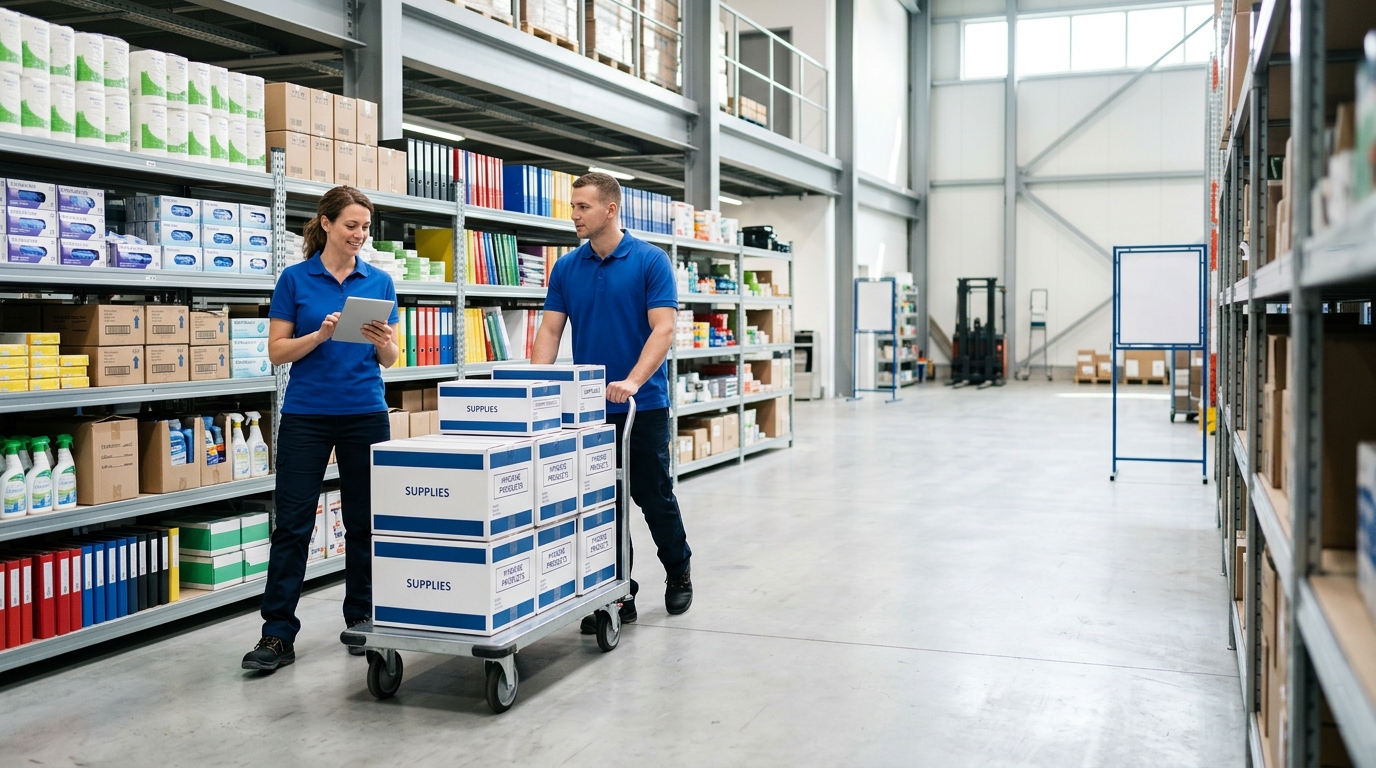 Two CSN operators in royal blue polos working in an organized distribution warehouse with stacked supply boxes.