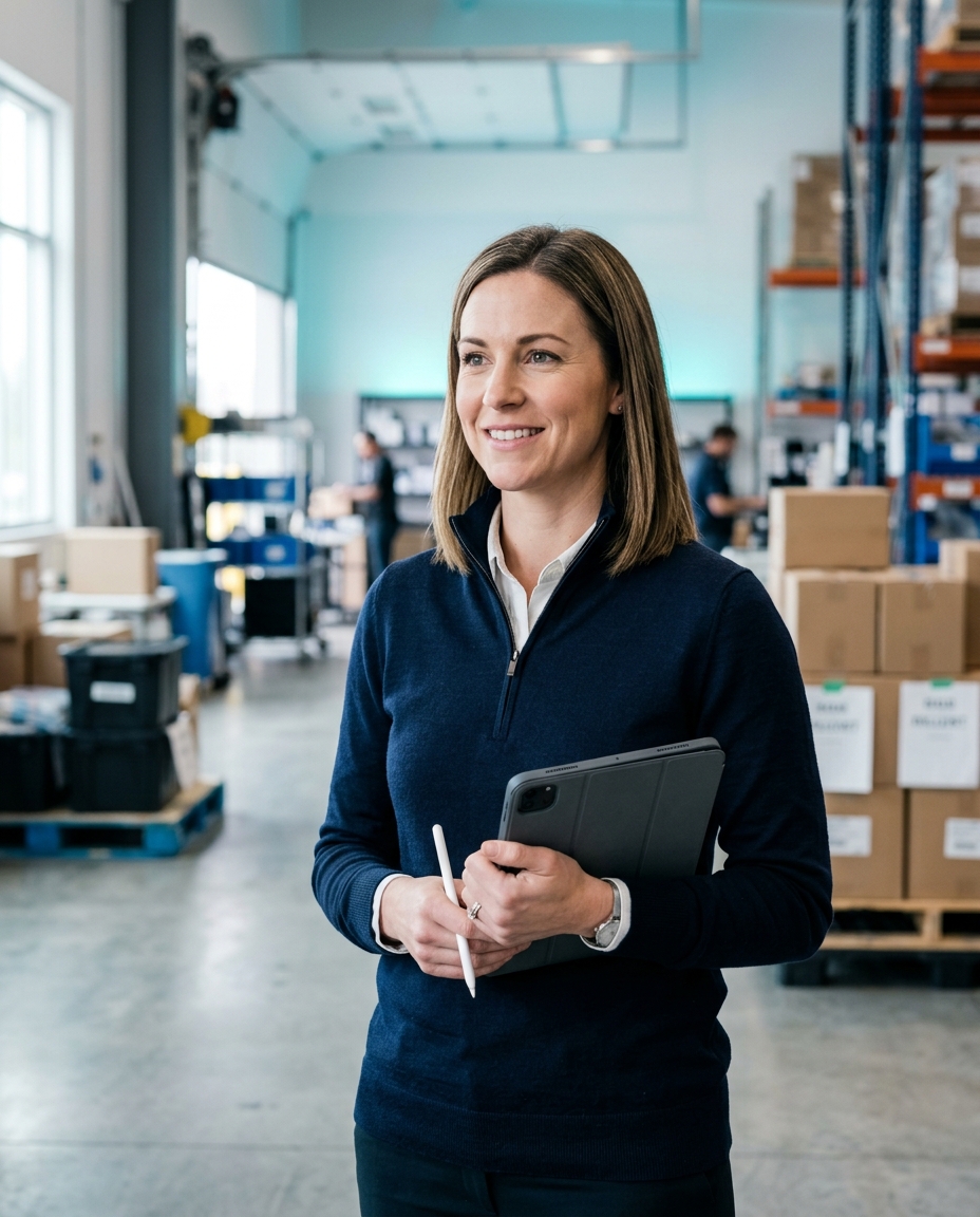 Childcare operations leader holding a tablet in a clean modern warehouse staging area.