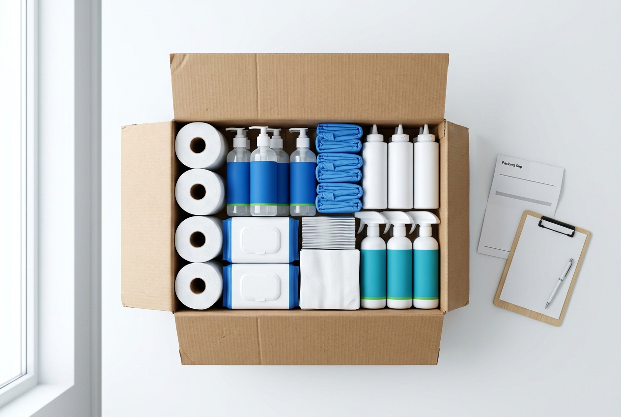 Overhead view of organized childcare restock supplies with paper towels, cleaning bottles, gloves, bottles, and a packing slip.